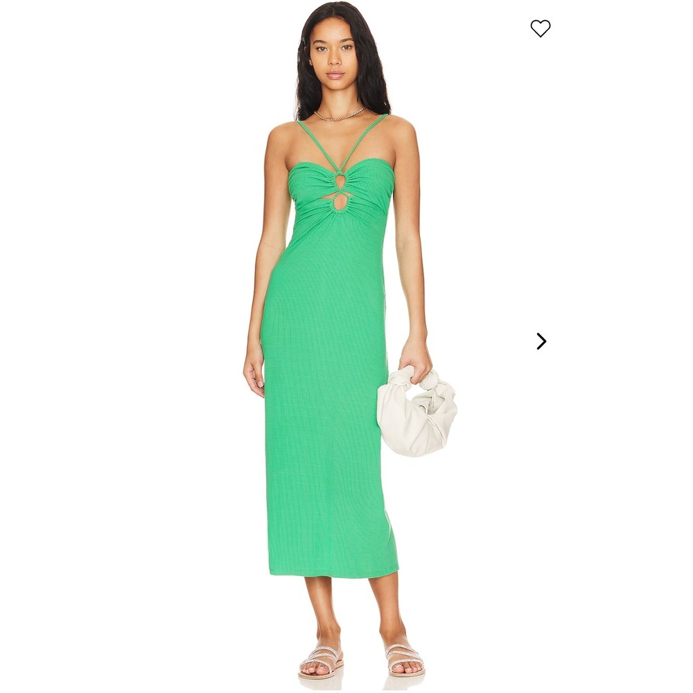 L*Space Green Ribbed Ruched Cutout Maxi Dress Medium Lyocell Blend Strappy Back